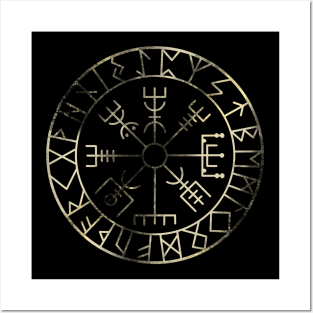 Vikings Vegvisir, Protection runes and compass in gold Posters and Art